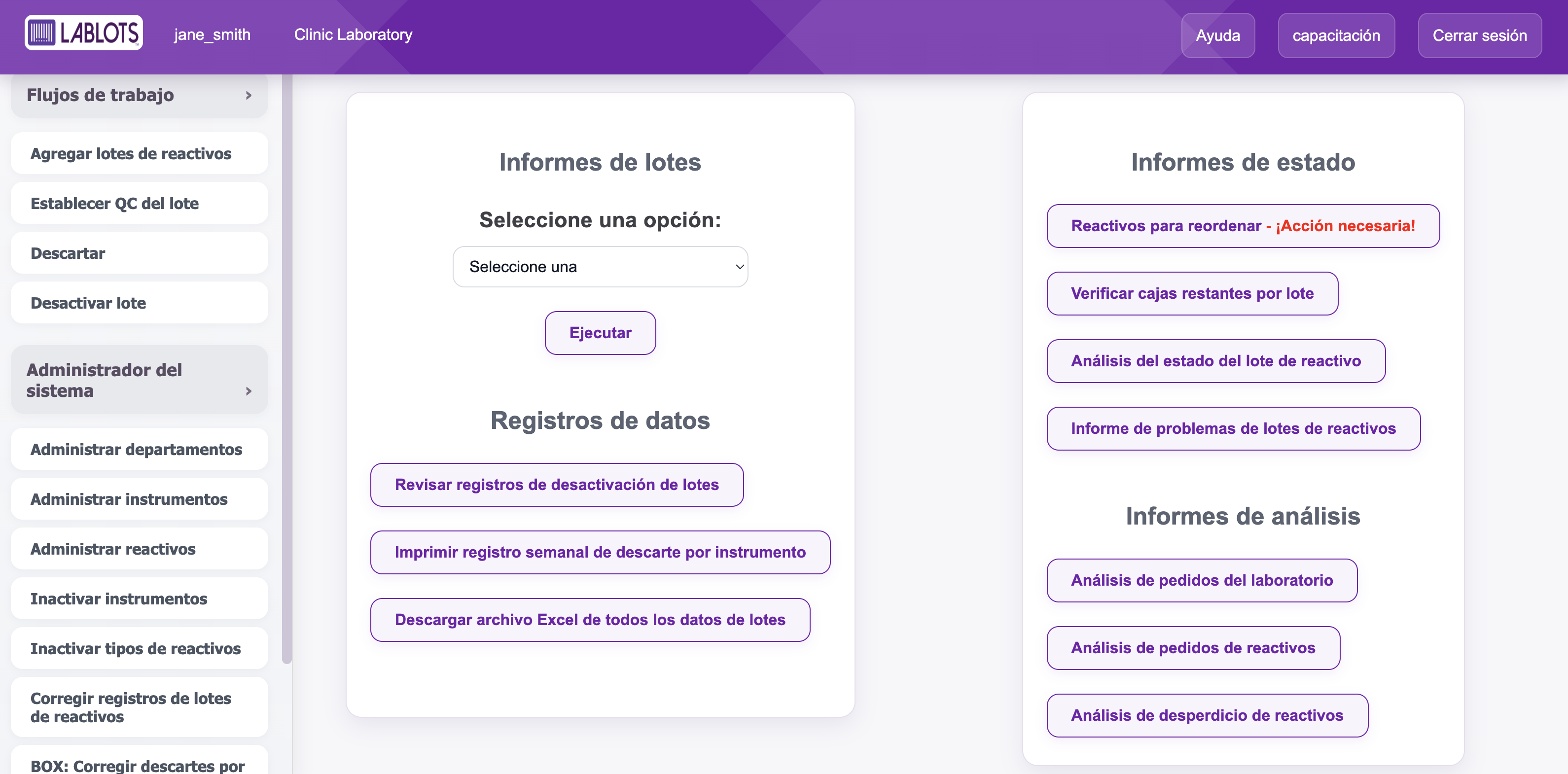 Dashboard de inventario de reactivos LabLots